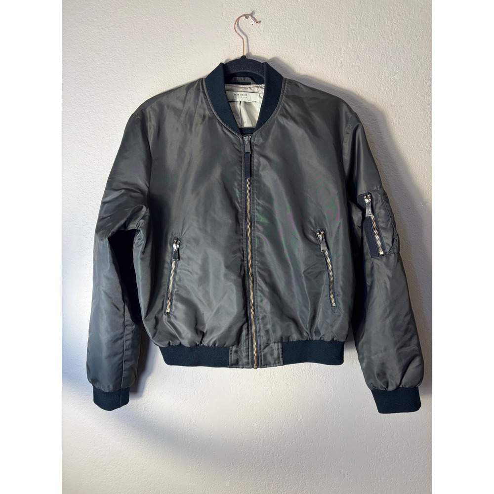 Zara Basic Bomber Jacket Womens Small Olive Green‎ Full Zip Flight Utility Coat